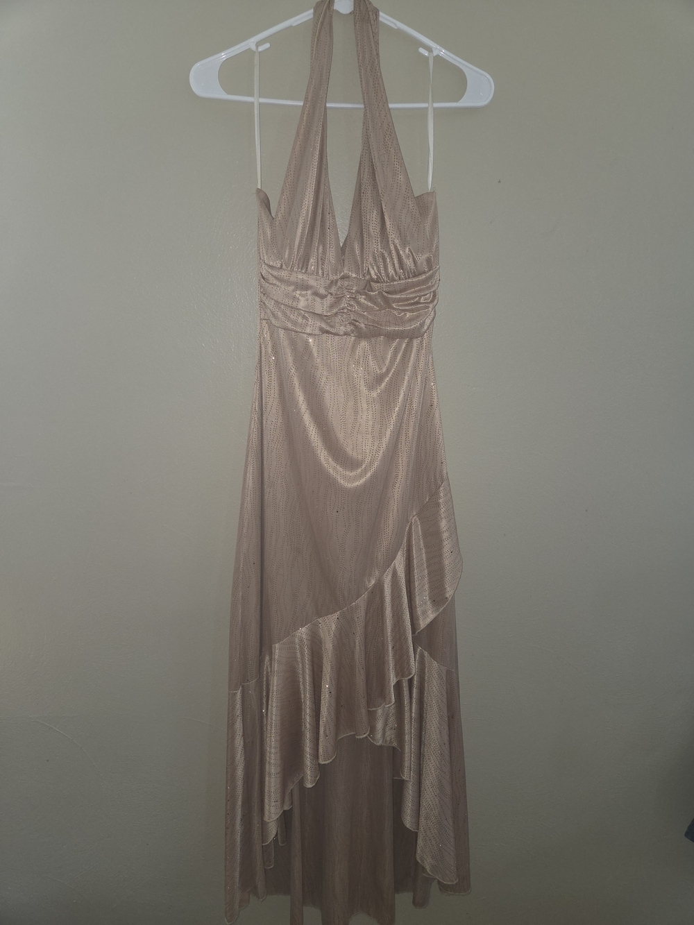 Taboo One-Shoulder Halter Ruffle Gown in Gold